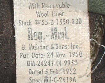 US Army M-1950 overcoat LINER, Medium Regular; 5 February 1952 B. Maimon & Sons