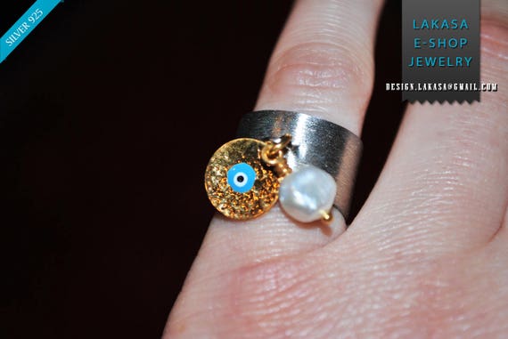 Chevalier Ring Enamel Blue Eye Pearl Handmade Sterling Silver Pearl Jewelry Midi Rings Anniversary Birthday Best idea gifts mother woman