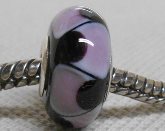 SRA Handmade Lampwork Bead Silver Cored Bead Black with White and Purple Design
