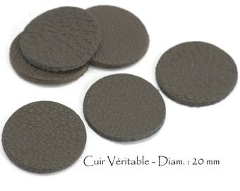 6 round genuine leather - Diam. 20 mm - goat leather - charcoal grey color set