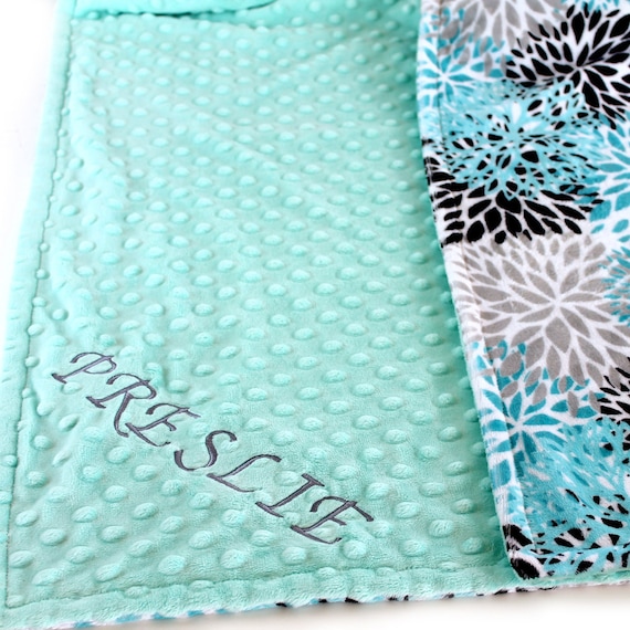 Teal Personalized Blanket, 48 x 60 Girl Toddler Blanket, Minky Blanket, Gray Floral Blanket, Flower Blanket, Kids minky Blanket, Minky Throw