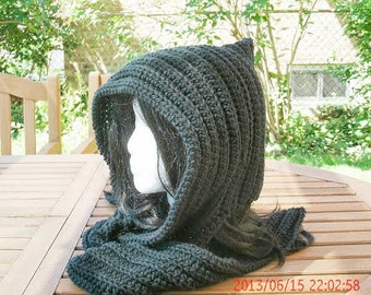 Hooded Scarf, Black Scarf, Hooded Cowl, Scarf with Hood, Hoodie Scarf, Crochet Hooded Scarf, Scarf