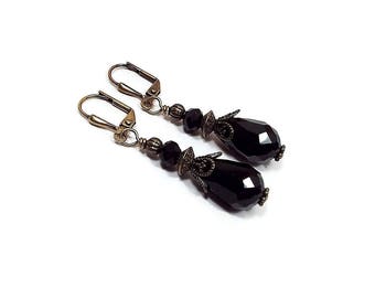 Black Earrings, Crystal Teardrop Earrings, Antiqued Brass, Vintage Style, Goth Earrings, Formal Jewelry, Lever Back Hook