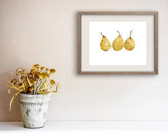 Yellow Pears art Print, watercolor painting ,kitchen art, pears still life, botanical print, golden yellow, minimalist print, fruit art