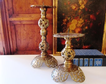 Vintage Brass Candlesticks, Boho Chic Candlesticks , Hollywood Regency, Pillar Candleholders