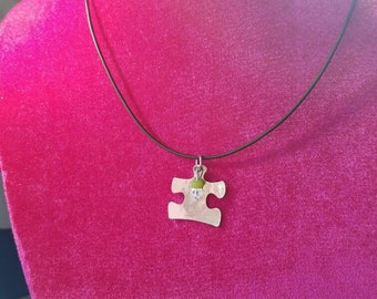 Genuine leather necklace. puzzle pendant.tiny cross engraved.sterling silver clasp.crystal stone bead