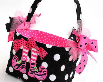 Halloween Trick or Treat bag basket fabric Applique witch shoes pink