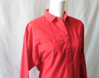 Vintage 1980s Here's a Hug Red Long Sleeve Button Up Shirt, Vintage Women's Button Down, Vintage Red Blouse, 1980s Red Women's Blouse