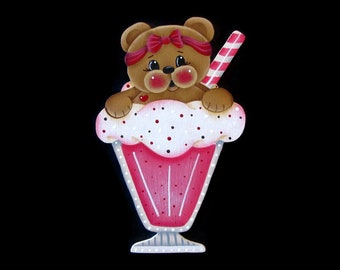 Straw-Beary Shake Fridge Magnet or Ornament, Handpainted Wood Refrigerator Magnet, Hand Painted Teddy Bear, Tole Decorative Painting
