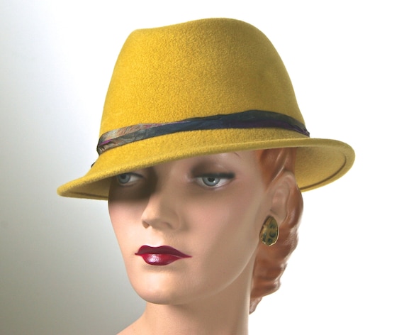 Yellow Mustard Felt Women's Fedora Small Brim Hat Womens