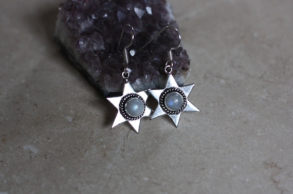 MOONSTONE STAR EARRINGS - Oxodised Silver Earrings - Moonstone - Healing Crystal Jewellery - Chakra Earrings - Boho - Vintage - Festival
