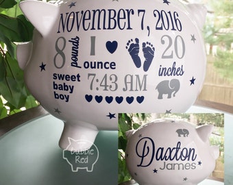 Personalized Piggy Bank, Baby Boy Piggy Bank Elephant Theme, Baby Birth Stats Gift, Baby Boy Gift, Piggy Bank, New Baby Gift, Baby Bank