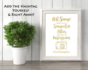 Customizable Gold Sparkle Paper Snapchat Filter Sign- Wedding Sign- with Hashtag (8x10 size option)