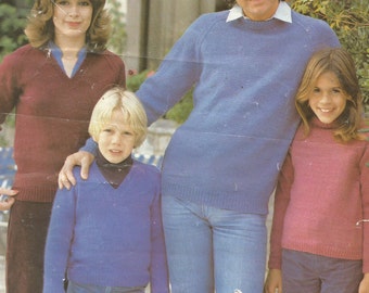 Vintage Family Easy V-Neck and Round Neck DK Sweater Knitting Pattern