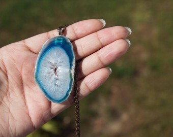Blue Agate Stone on Antiqued Brass Chain