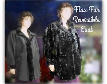 Vintage Flax Fur Coat - Reversible coat - Black flax fur coat - mid length coat - women's jacket coat - over sized coat - # 11