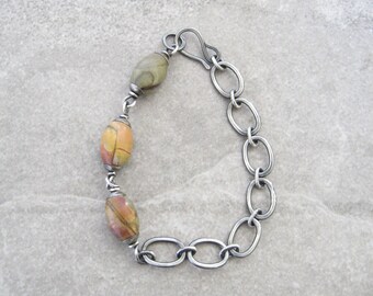 metalwork bracelet, silver and jasper bracelet, oxidized jewelry, rustic link bracelet,