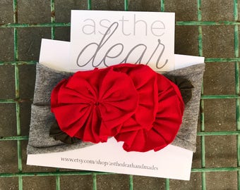 Red flowered jersey knit headband