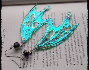 Blue Green Dragon Faery Wing Earrings - Ready to Ship - Gothic Fantasy Holographic Halloween Gift Cosplay Festival
