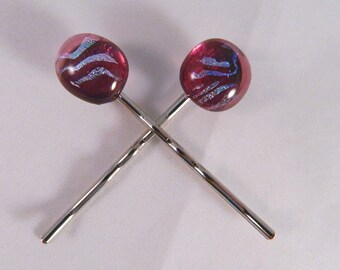 Fused Glass Hair Bobbies, Rich Dichroic Tigress Stripes in Red, Set of 2