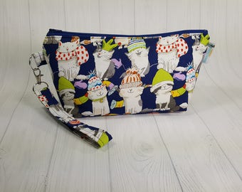 Small Knitting Project Bag, Knittens - cats wearing knitted hats & scarves, Zippered Wedge Bag, Zipper Knitting Bag, Cosmetic Bag WS0075