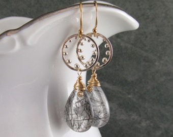 Tourmalinated quartz earrings, handmade sterling silver, gold fill mixed metal earrings-OOAK