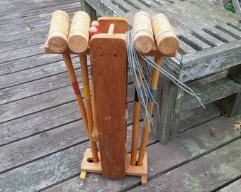 Wood Croquet Set Vintage - Mallets Balls Post Wire Hoops (Wickets) Wood Stand - Lawn Game Vintage - Prop Display Decor