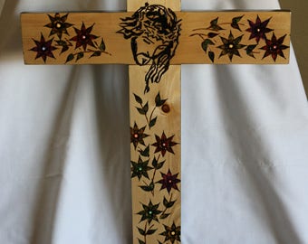 Handmade Pine Wood Cross, Natural Color with Burnt Christ Face and Flower Shapes, Satin Finish