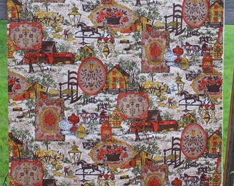 Fabric 1970s Print 1.5 Yards Farm Farming Horses Floral Orange Rust Olive Green Browns Sewing