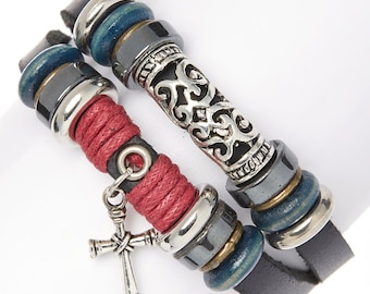 Black & Silvertone Cross Double-Band Bracelet