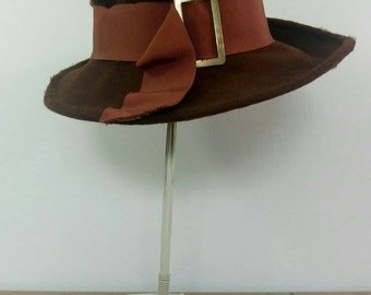 Vintage 60s/70s fedora hat chocolate brown wool grosgrain large brim ribbon hat gold buckle Irish hat by Calvert