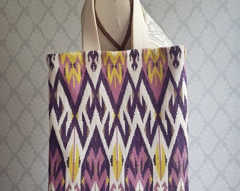 Handmade purple and yellow geometric Aztec patterned shopper bag