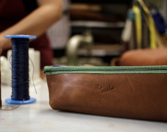 hand made leather Pencil Case. Italian first quality leather