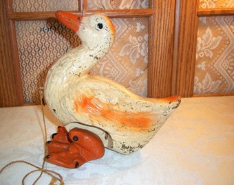 Antique Duck Pull Toy Paper Mache Shabby Chic Chippy Early 1900's Victorian Era Primitive Americana Folk Art Style Collectible Antique Toy