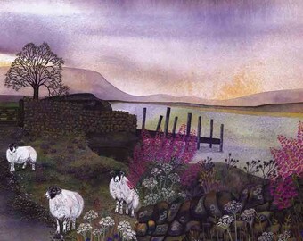 Art Print: "Rose bay"- A3 landscape print, sheep print, wall art, moorland scene, lilac purple art, rural art,from a painting by Liz Clarke