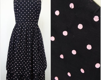 70s Polka Dot Dress, Vintage 70s/80s Black Dress, Pink Polka Dots, Sleeveless Spaghetti Strap, Tiered Ruched Skirt, Women's Size 11/12
