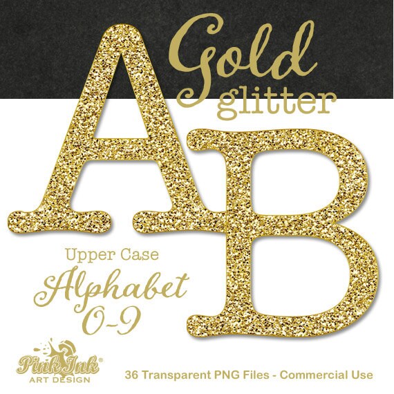 Gold Glitter Alphabet Upper Case Letters and Numbers