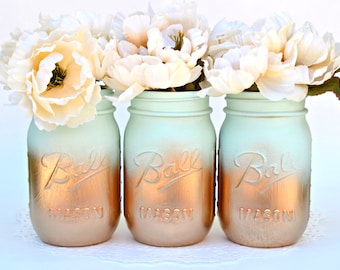 Mason Jars Bulk, Gold Mason Jars, Mint Decor, Painted Mason Jars, Dorm Decor, Spring Decor, Spring Centerpiece, Wedding Jars, Mason Jar Deco