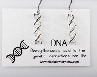Silver or Gold DNA Earrings, Sterling Silver Science Jewelry, 3D DNA Double Helix, Dangle Earrings, Biology Science Themed Jewelry, Gold DNA