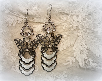 metamorphis one of a kind vintage assemblage earrings vintage white guilloche enamel on sterling crescents butterfly filigree rhinestones