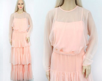Vintage 1970s Dress Medium - Peach Chiffon Dress - 70s Peach Dress - Long Peach Dress Long Sleeve - Long Pink Dress - Pink Prom Dress