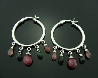 Ruby Watermelon Tourmaline Hoop 925 Sterling Silver Earrings