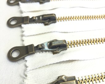 Metal Antique Brass Zipper 9 Inches #5 Closed Bottom - Off-White Cotton Tape (5 zippers)