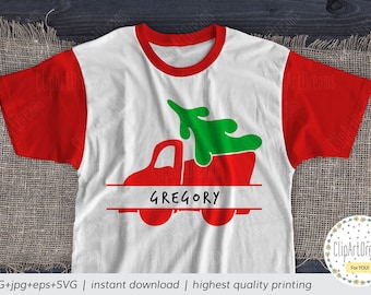 Red Truck With Christmas Tree Monogram SVG,Christmas Red truck Split Monogram frame SVG for boys files for Cricut Silhouette Cameo Curio PNG