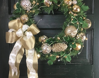 Prelit Christmas Wreath / Gold Christmas Wreath / Holiday Wreath / Christmas Wreath for Door / Wreath Gold Ornaments / Christmas Wreaths