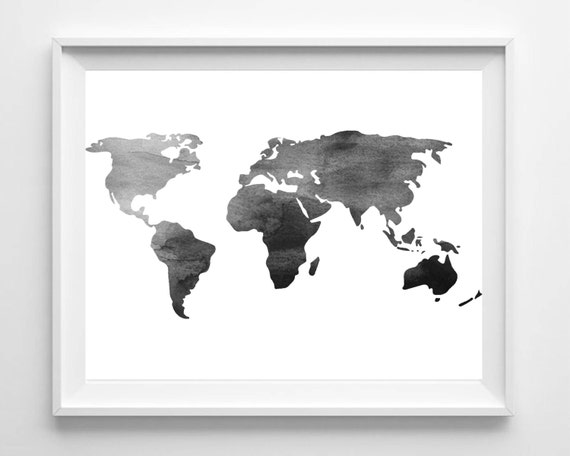 Watercolor world map print printable black white wall art Watercolor world map print printable black white wall art