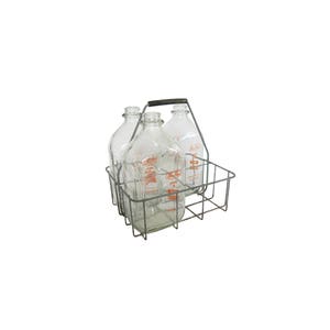 Antique Silver Metal Milk Bottle Holder Carrier Crate with 3 Farm Fresh Glass Milk Jugs