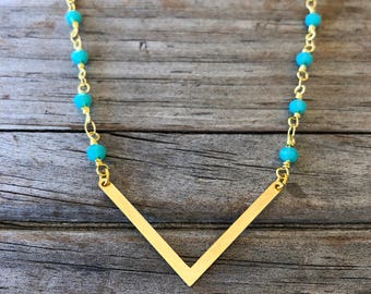 Teal Beaded V Necklace, Gold Necklace, Beaded Necklace, Rosary Necklace, Boho, Christmas Gift, Birthday Gift, Gift for