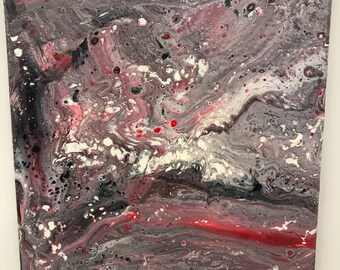 Ashfall; 12x12 in acrylic pour painting on stretched canvas, ready to hang, original painting in red, black, & white