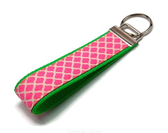 Pink White Quatrefoil Fabric on Lime Webbing Key Fob Keychain